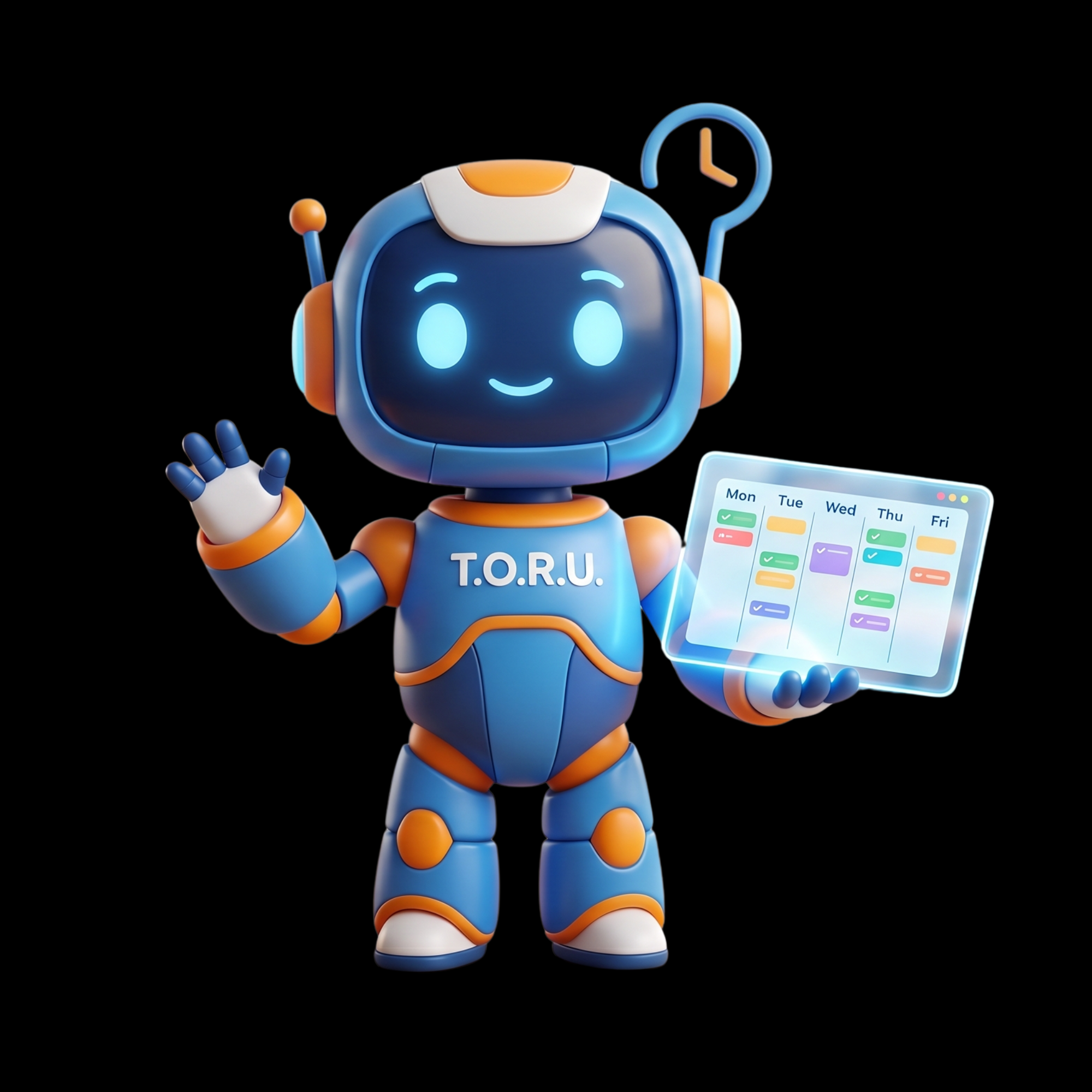 Mascote T.O.R.U segurando um tablet com cronograma