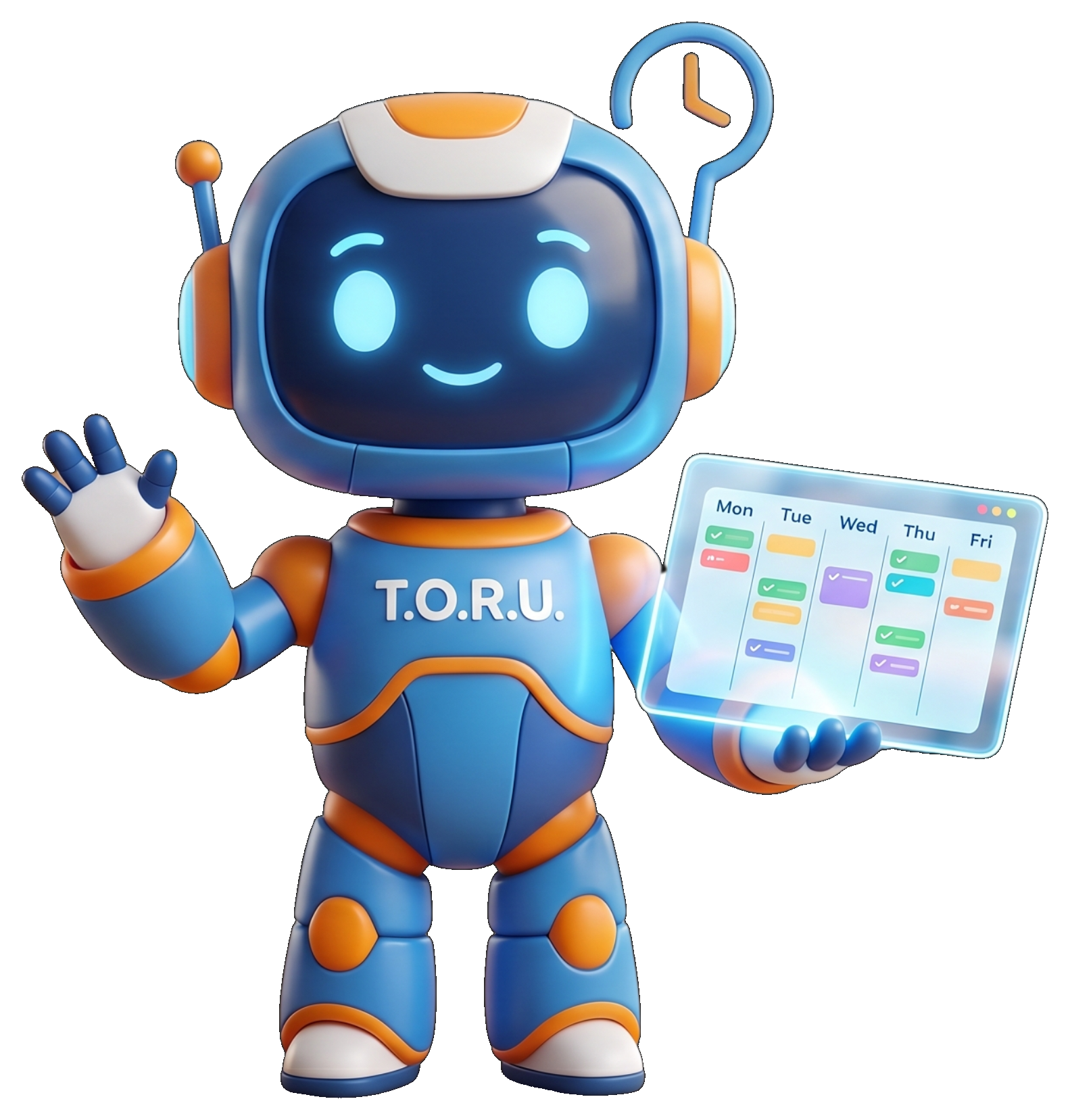Mascote T.O.R.U segurando um tablet com cronograma